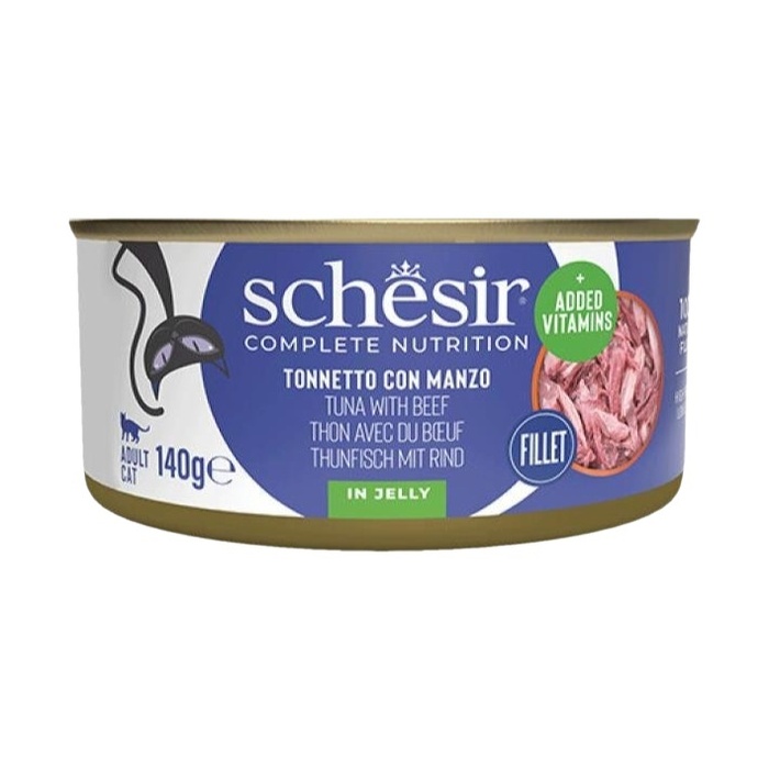 SCHESİR TAM VE DENGELİ TON BALIĞI İLE DANA ETLİ JÖLE İÇİNDE KEDİ KONSERVESİ 140G