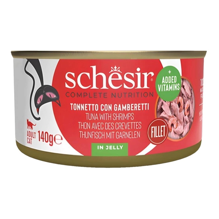 SCHESİR TAM VE DENGELİ TON BALIĞI İLE KARİDESLİ JÖLE İÇİNDE KEDİ KONSERVESİ 140G