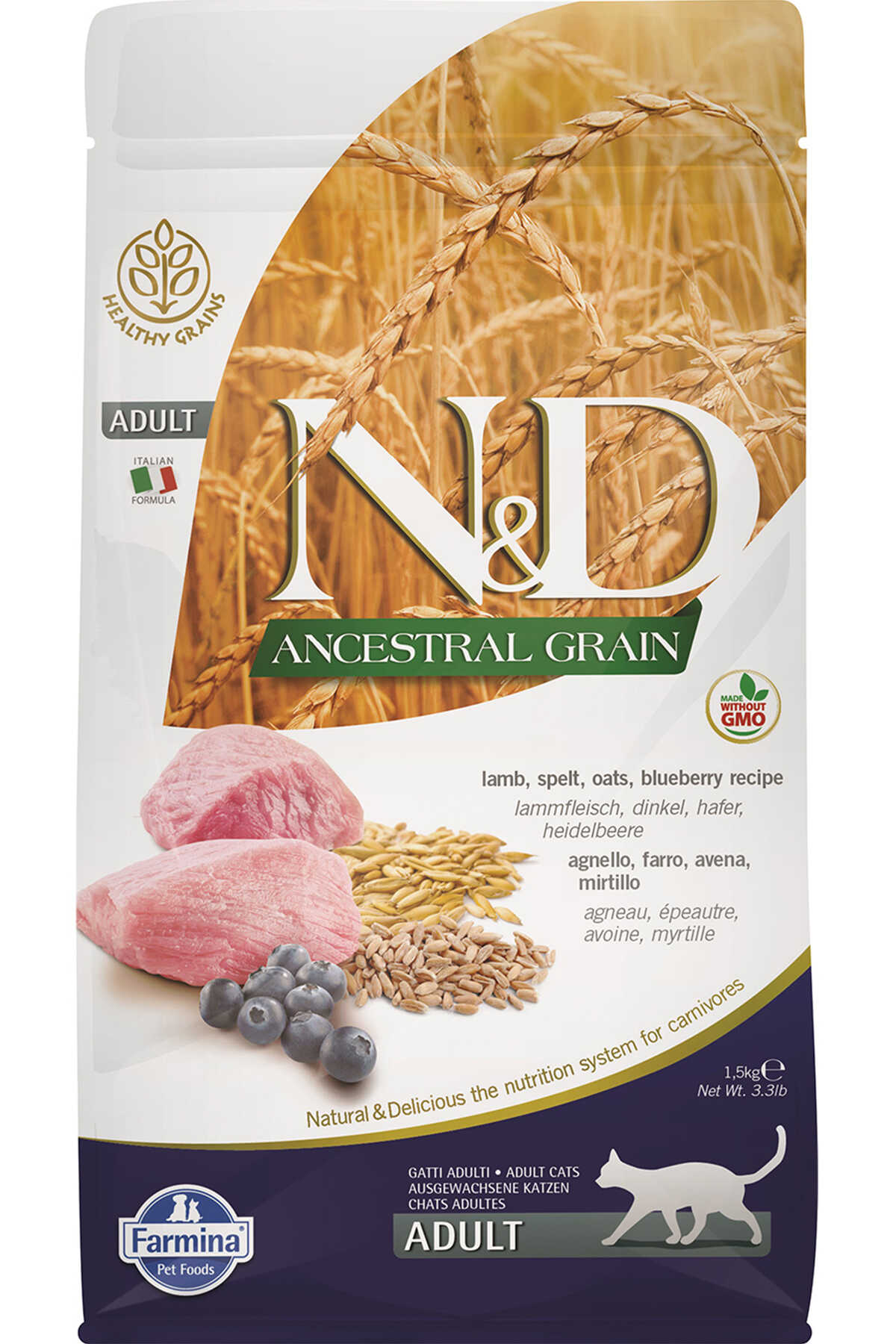 N&D Ancestral Grain Kuzu Etli ve Yaban Mersinli Yetişkin Kedi Maması (1,5 kg)