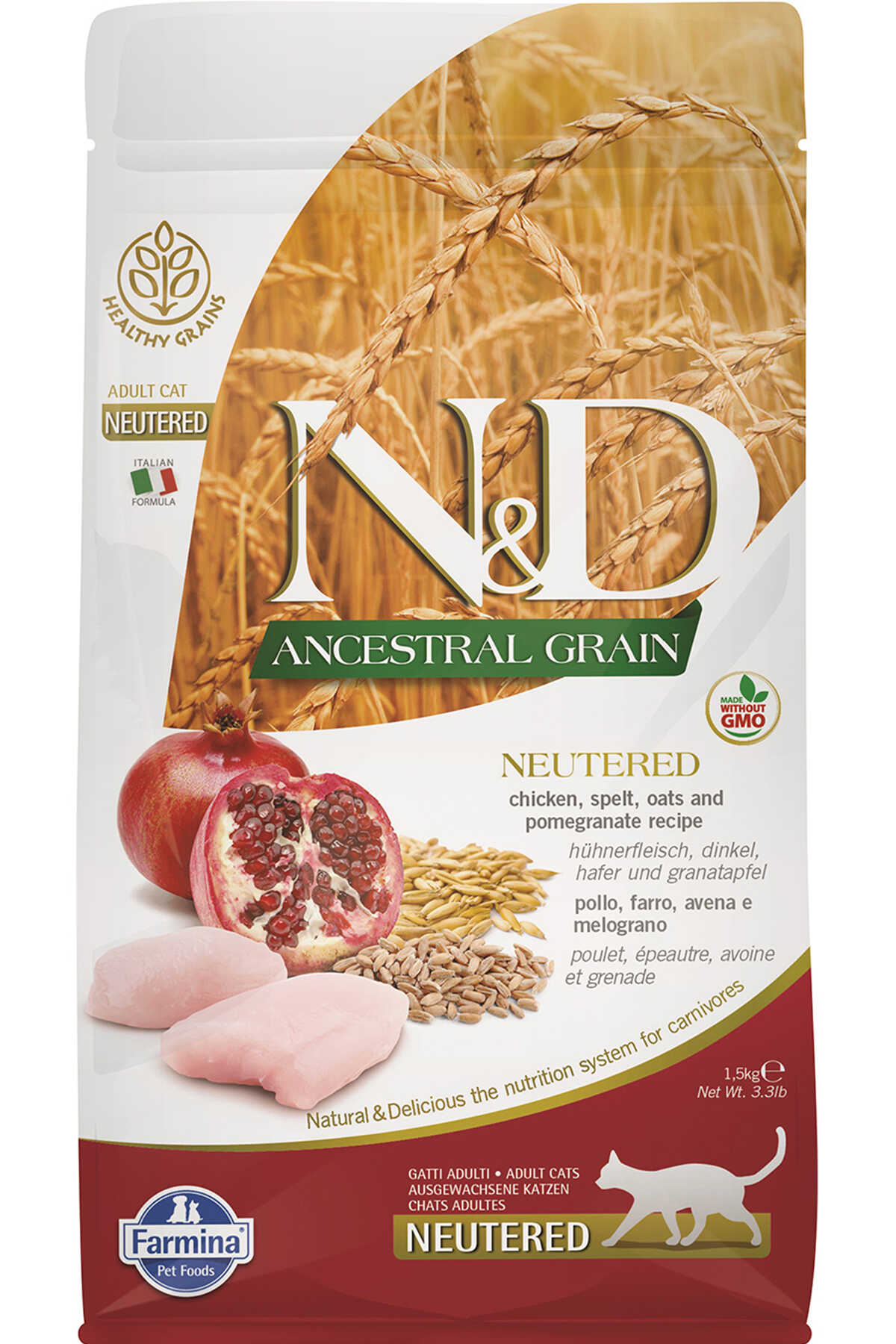 N&D DÜŞÜK TAHILLI TAVUK VE NARLI KISIR KEDİ MAMASI 1.5 KG