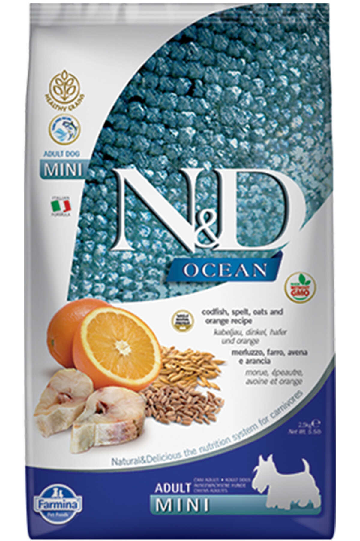 N&D OCEAN  MORİNA BALIĞI, KILÇIKSIZ BUĞDAY, YULAF & PORTAKAL YETİŞKİN MINI