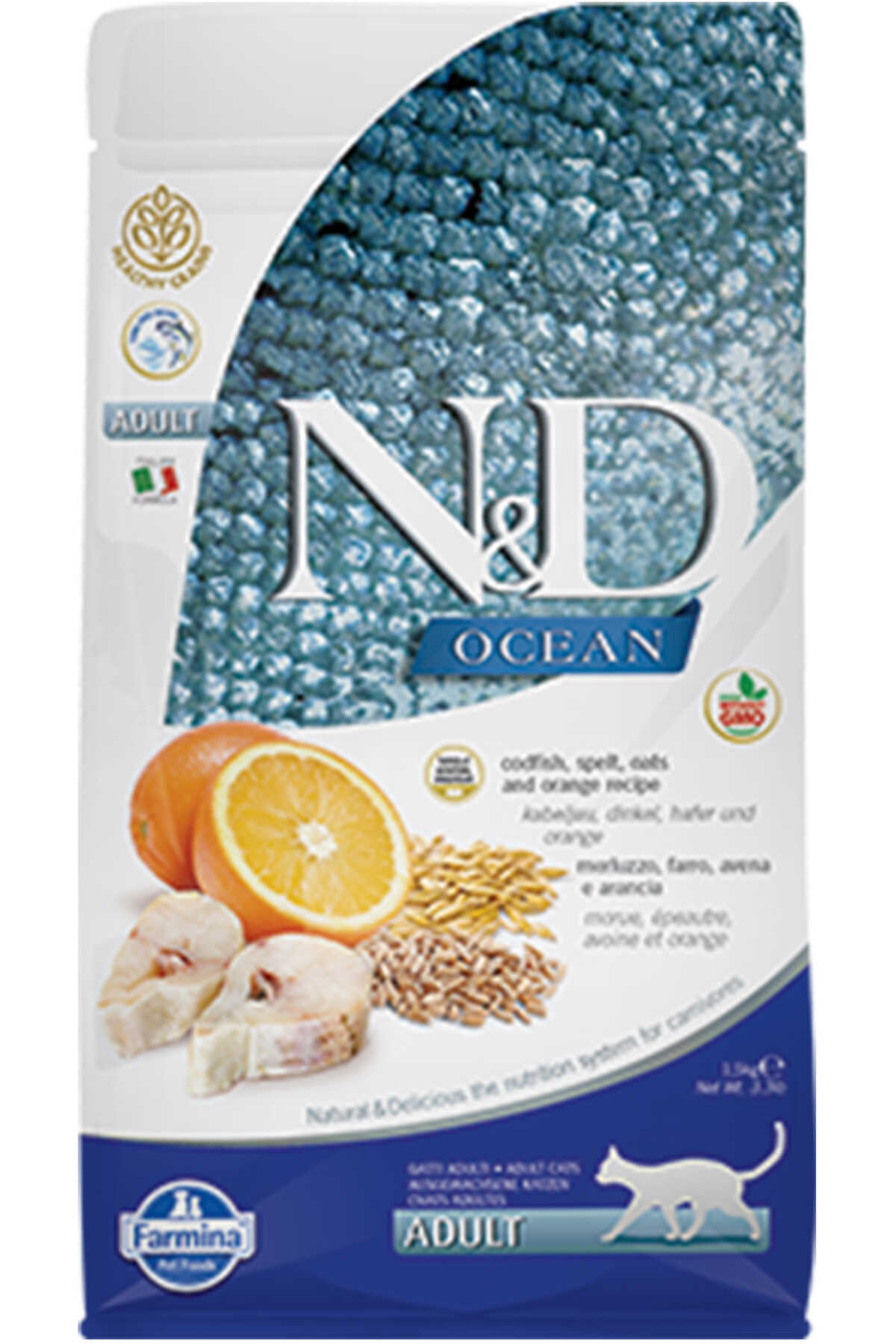 N&D DÜŞÜK TAHILLI MORİNA BALIKLI PORTAKALLI YETİŞKİN KEDİ MAMASI 1.5KG