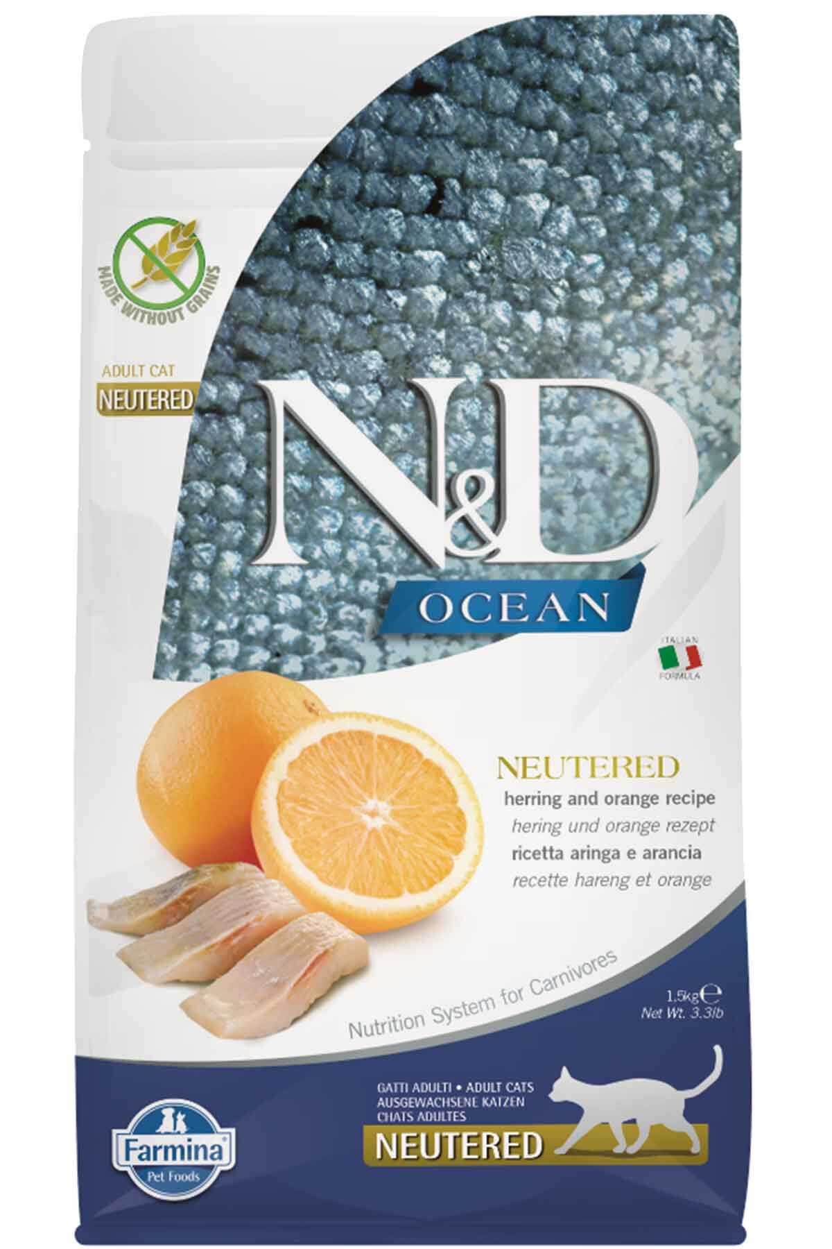 N&D Ocean Tahılsız Ringa Balığı ve Portakallı Kısırlaştırılmış Kedi Maması (1,5 kg)