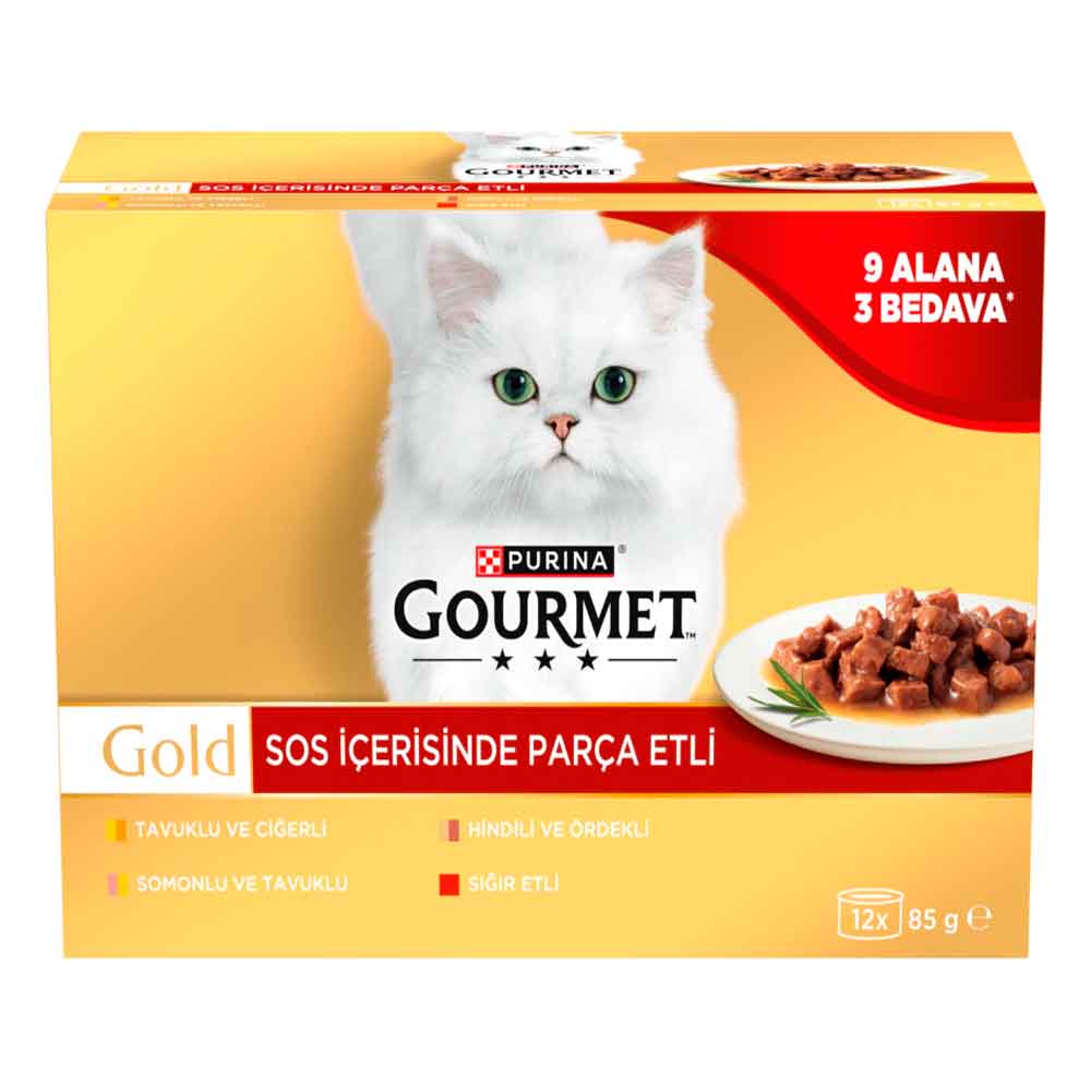 GOURMET GOLD SOSLU PARÇA ETLİ KARIŞIK ÇEŞİTLİ YETİŞKİN KEDİ KONSERVESİ 12X85GR (12 AL 9 ÖDE)