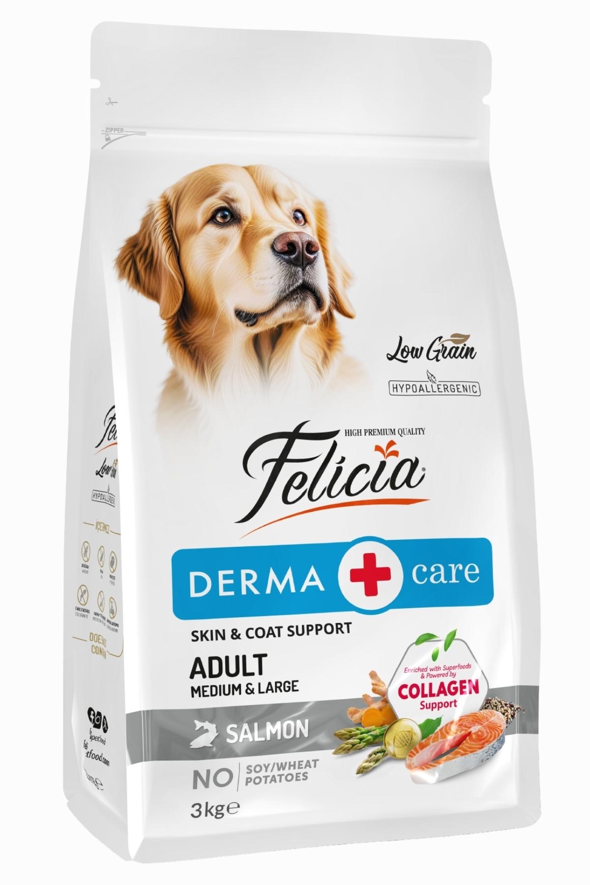 Felicia Derma Care Hipoalerjenik Az Tahıllı ve Somonlu Yetişkin Köpek Maması (3 kg)