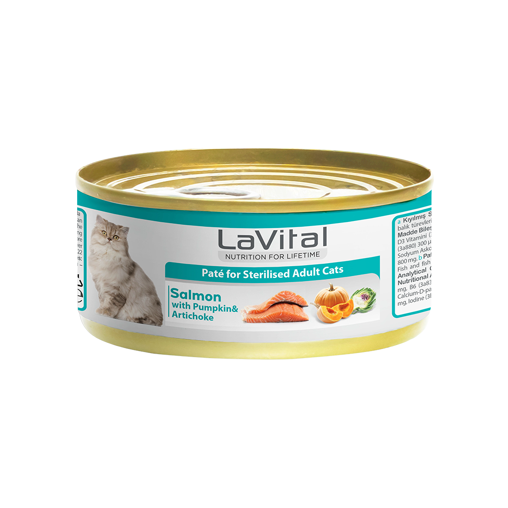 LAVİTAL SOMONLU, BALKABAĞI VE ENGİNARLI STERİLİSED YETİŞKİN KEDİ KONSERVESİ 85GR