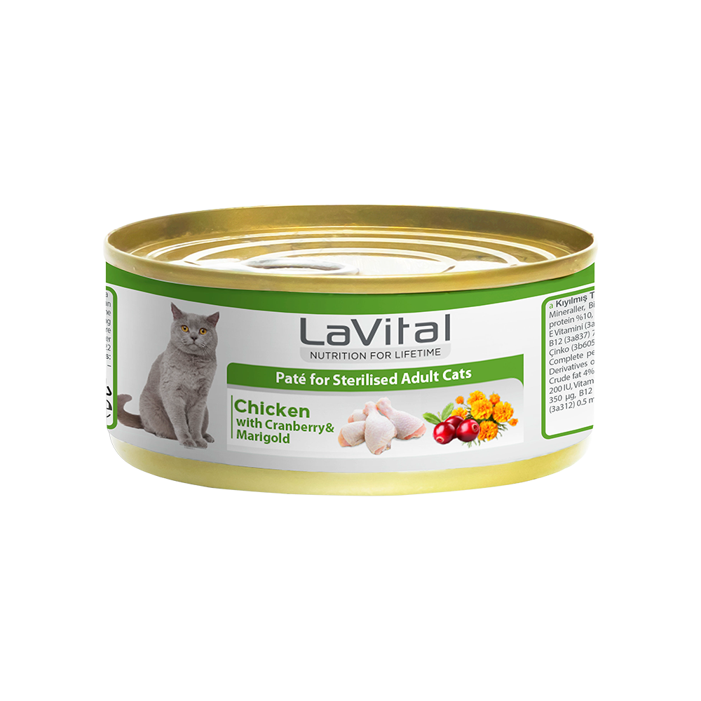 LAVİTAL TAVUKLU KIZILCIK VE KADİFE ÇİÇEKLİ STERİLİSED YETİŞKİN KEDİ KONSERVESİ 85GR