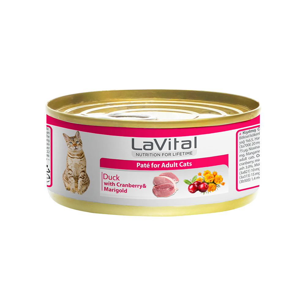 LAVİTAL ÖRDEKLİ, KIZILCIK VE KADİFE ÇİÇEKLİ YETİŞKİN KEDİ KONSERVESİ 85GR