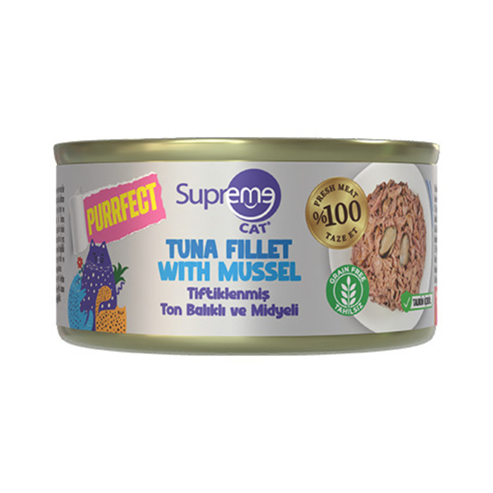 SUPREME CAT TİFTİKLENMİŞ TON BALIKLI VE MİDYELİ YETİŞKİN KONSERVE KEDİ MAMASI 70GR