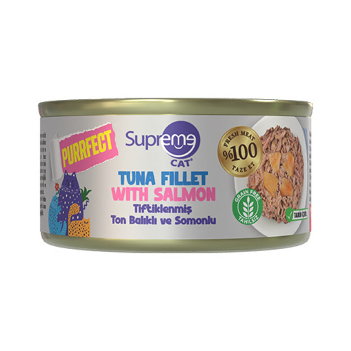 SUPREME CAT TİFTİKLENMİŞ TON BALIKLI VE SOMONLU YETİŞKİN KONSERVE KEDİ MAMASI 70GR