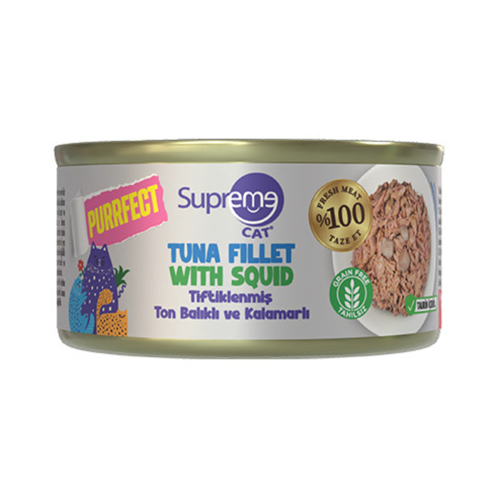 SUPREME CAT TİFTİKLENMİŞ TON BALIKLI VE KALAMARLI YETİŞKİN KONSERVE KEDİ MAMASI 70GR