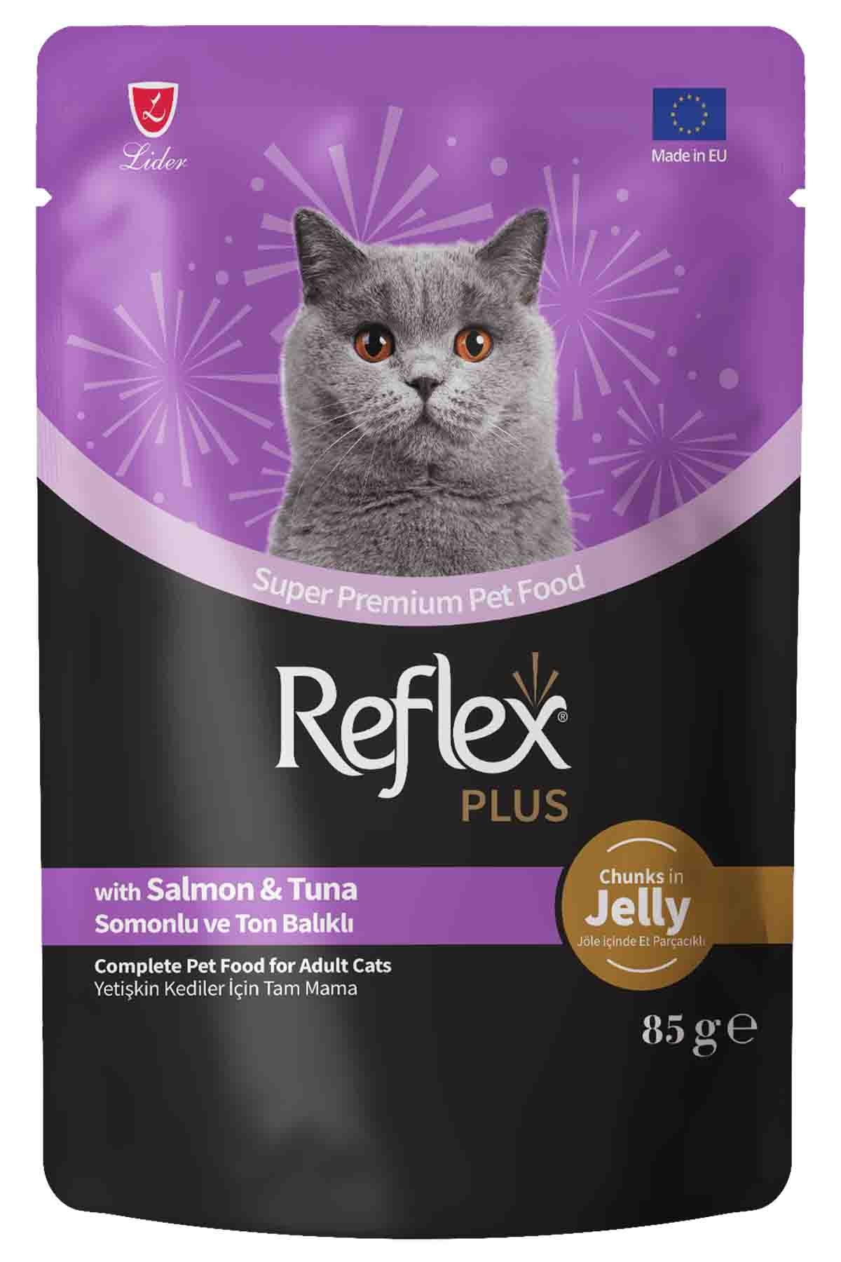 REFLEX PLUS JOLE İÇİNDE ET PARÇACIKLI SOMONLU VE TON BALIKLI YETİŞKİN KEDİ YAŞ MAMASI 85GR