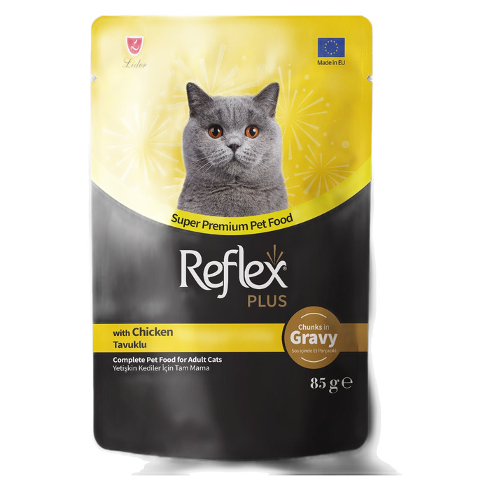 REFLEX PLUS SOS İÇİNDE ET PARÇACIKLI TAVUKLU YETİŞKİN KEDİ YAŞ MAMASI 85GR