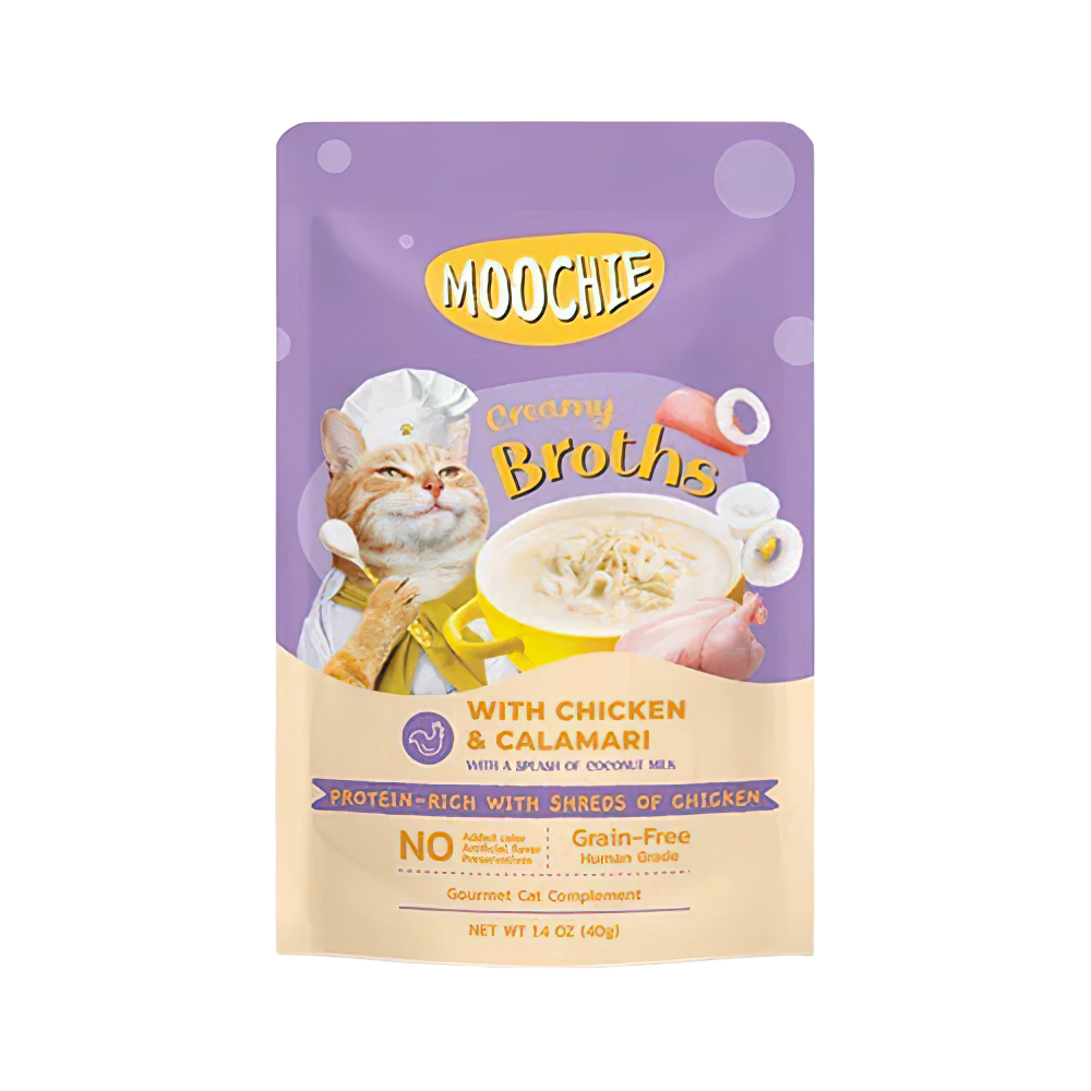 Moochie Tahılsız Parça Tavuk Etli ve Kalamarlı Yetişkin Kedi Çorbası (40 g)