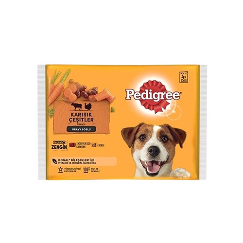 PEDİGREE POUCH SIĞIR ETLİ KUZULU VE HİNDİLİ YETİŞKİN KÖPEK KONSERVESİ 100GR (4 LÜ)