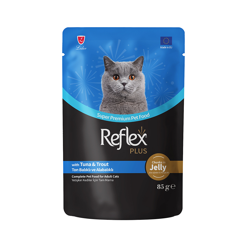 Reflex Plus Jöle İçinde Et Parçacıklı Ton Balıklı ve Alabalıklı Yetişkin Kedi Pouch Yaş Maması (85 g)
